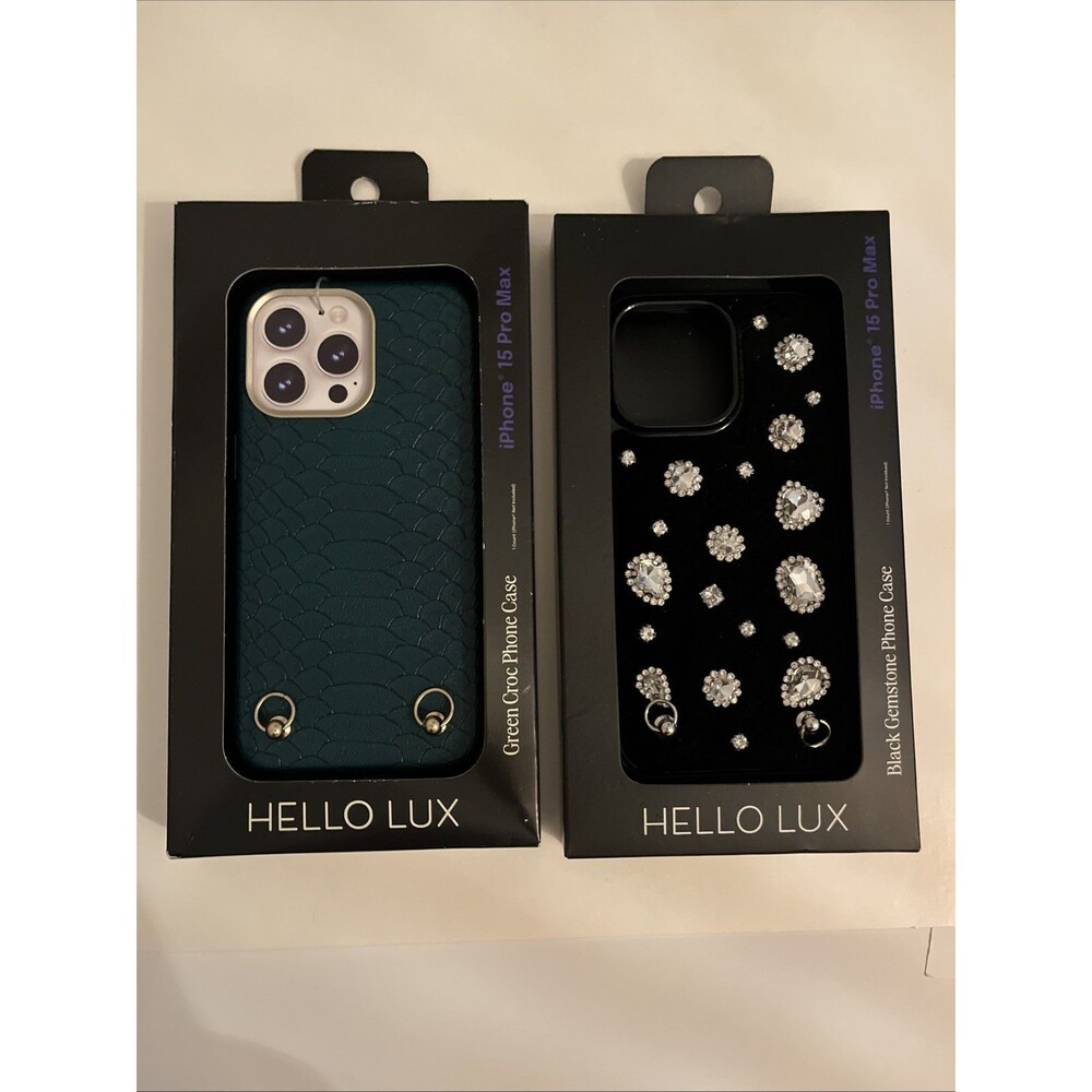 Lot 2 Hello Lux iPhone 15 Pro Max Case Green Croc Black Gemstone Strap NEW